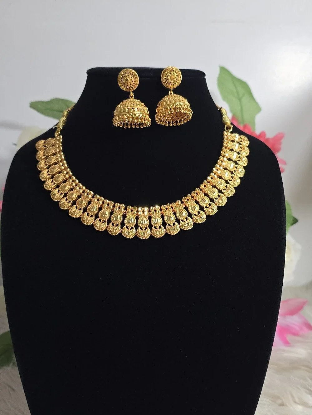 Gold-Tone Traditional Coin Necklace with Jhumka Earrings